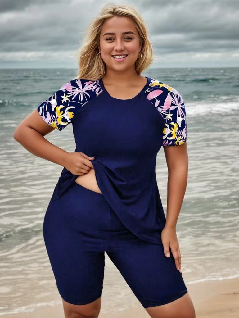 Swim SPRTY Plus Tropical Print Raglan Sleeve Bikini Swimsuit With Short Sleeve