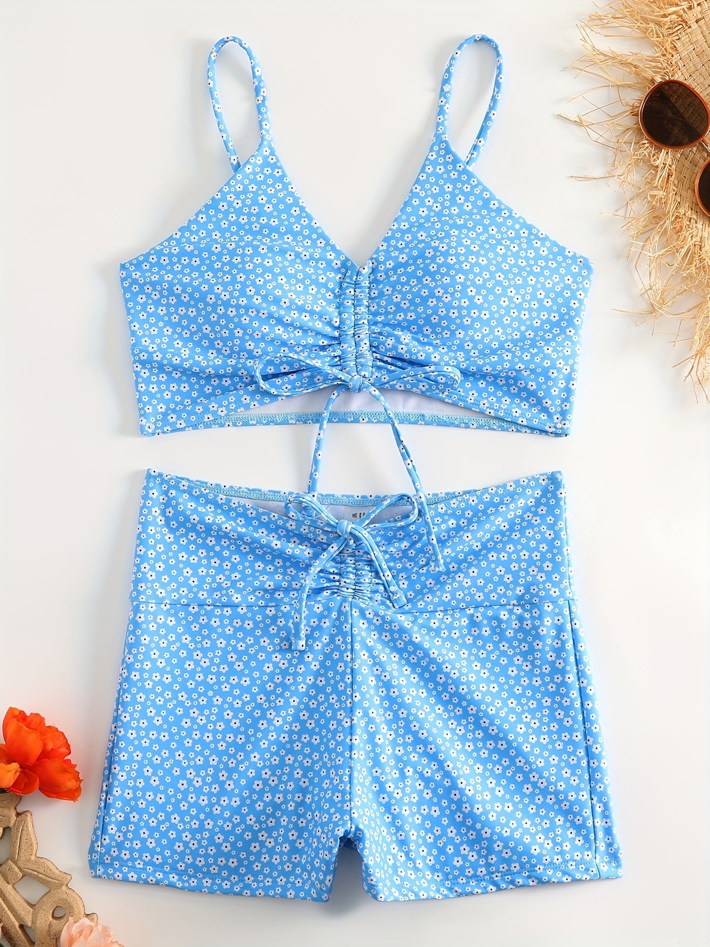 Blue Solid Color Bikini Set with Floral Boyshorts – Two-Piece Swimsuit for Women