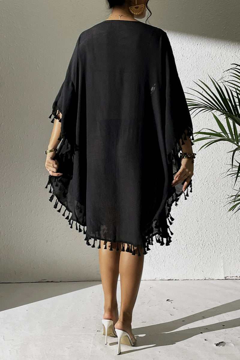 Bestselling New Beach Cover-Up - Crochet Lace Trimmed Fringe Kimono Black