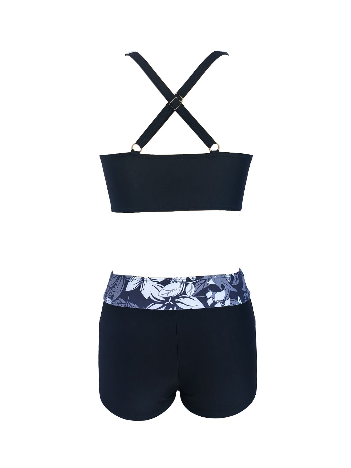 Floral Print Tie-Front Bikini for Women - Black V-Neck Bikini Top and High Waisted Boy Short Bottoms Black