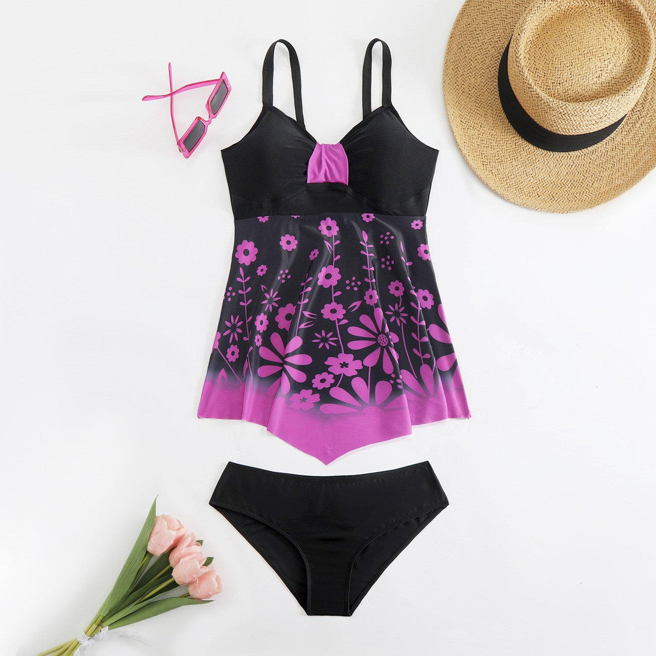 Floral Print Cyan Ombre Swimdress And Panty White