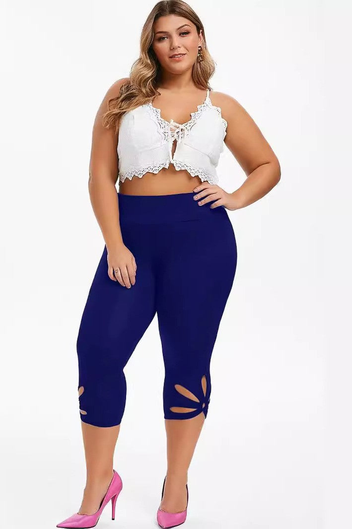 Plus-Size Women's Solid Color Mesh Yoga Sports Leggings Blue