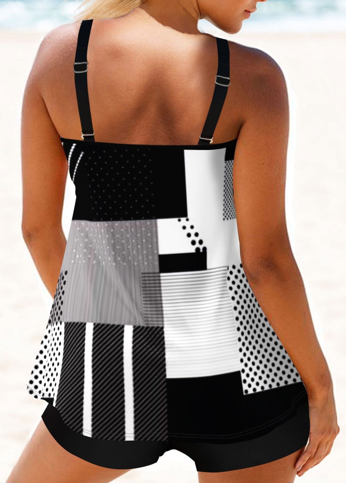 Geometric Print Black Double Straps Tankini Set