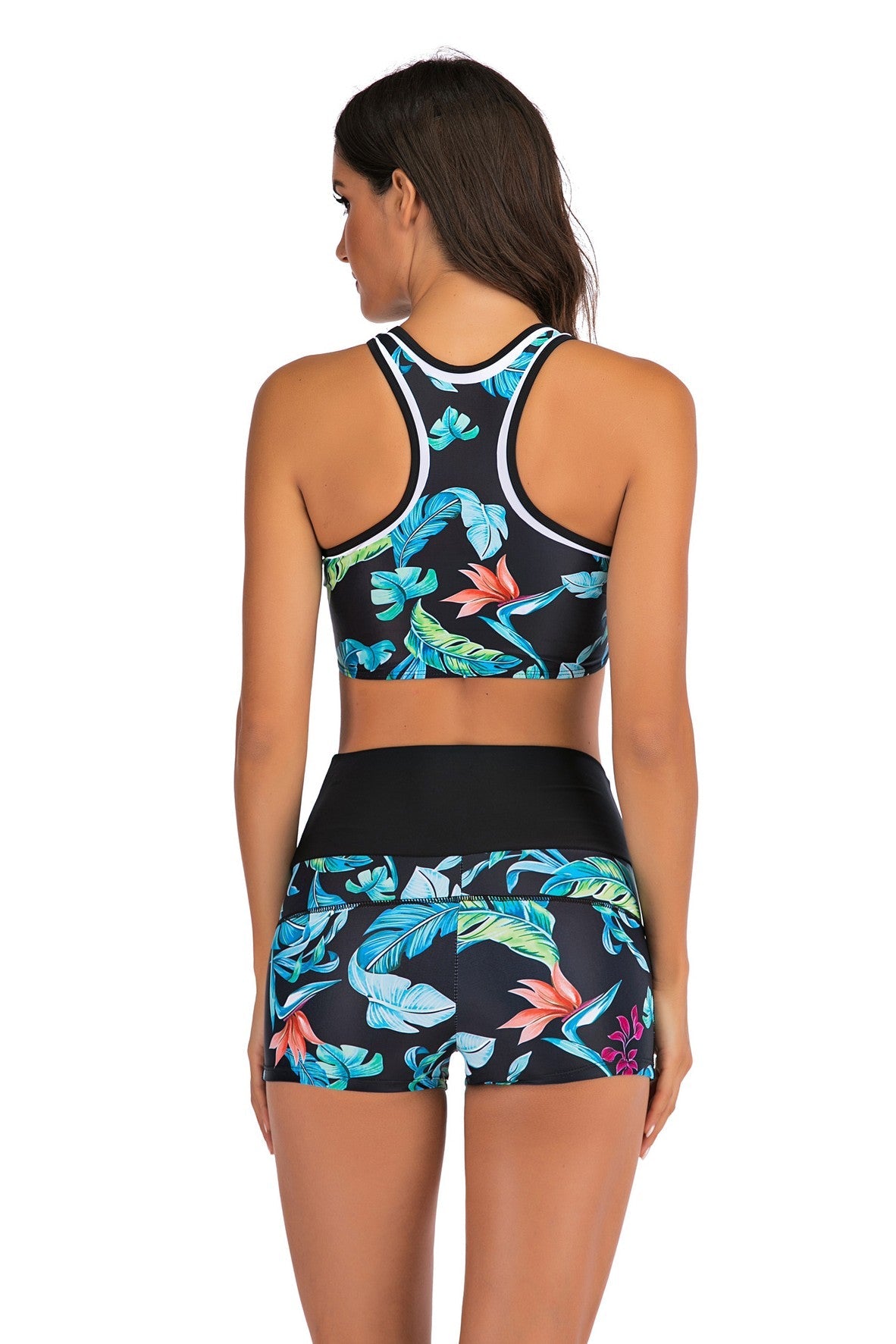 Women's Vibrant Floral & Tropical Leaf Print High-Waist Bikini Set