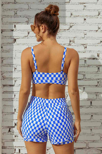 Blue Checked Adjustable Straps Chic Bikini Top with Boy Short Set