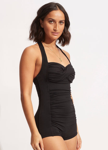 Ruched Panel Boyleg Legline Black One Piece