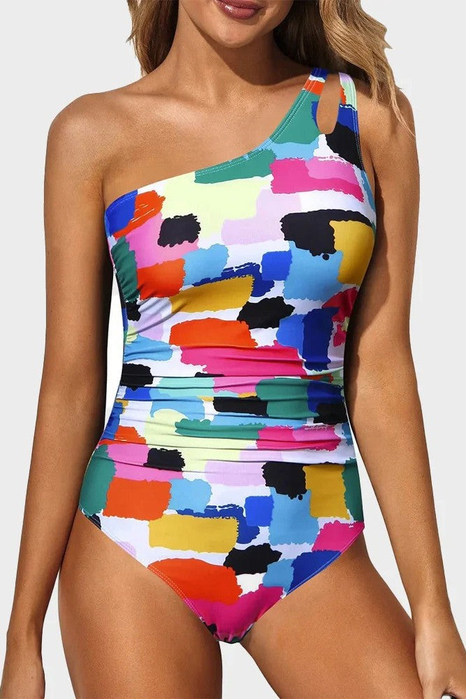 One Shoulder One Piece Swimsuit for Women Tummy Control Bathing Suits Multicolor