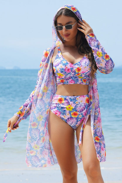 Fashionable High-End Multi-Color Printed Sexy Bikini with Cover-Up Three-Piece Swimsuit Set