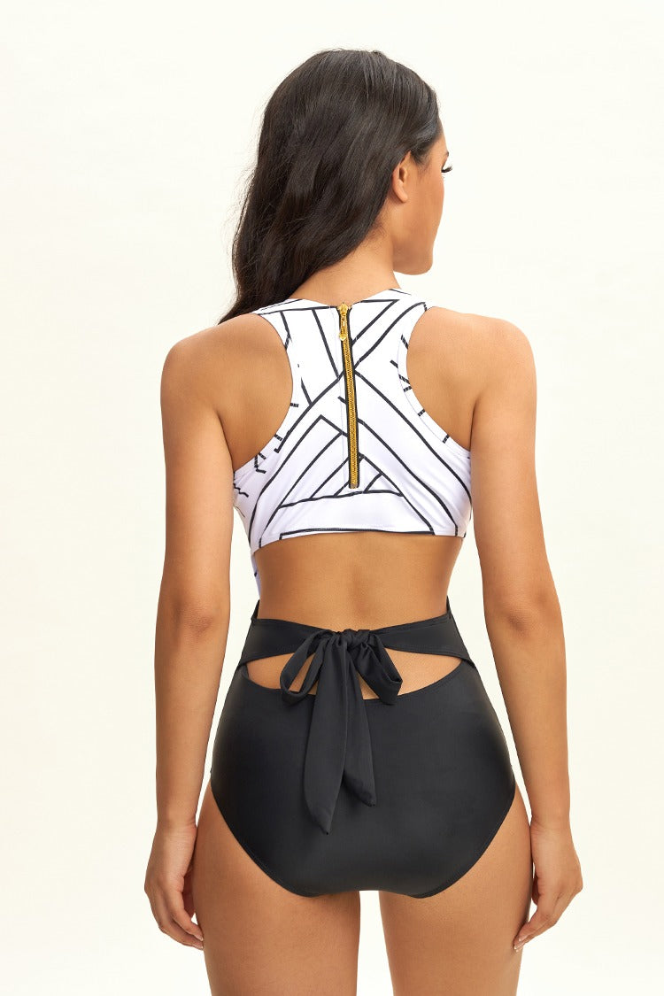 White Scoop Neck Striped Zipper Back One Piece Swimsuit