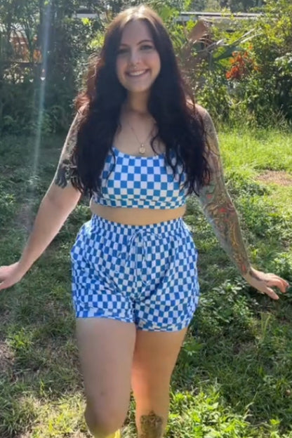 Blue Checked Adjustable Straps Chic Bikini Top with Boy Short Set
