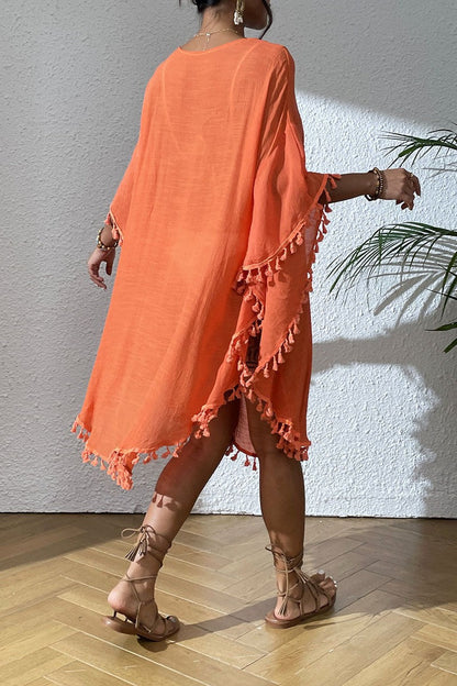 Bestselling New Beach Cover-Up - Crochet Lace Trimmed Fringe Kimono Orange