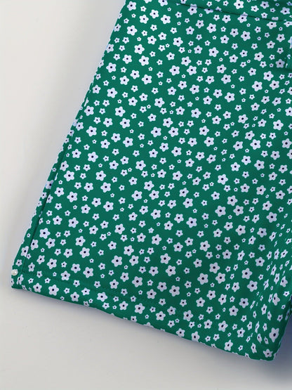 Green Solid Color Bikini Set with Floral Boyshorts – Two-Piece Swimsuit for Women