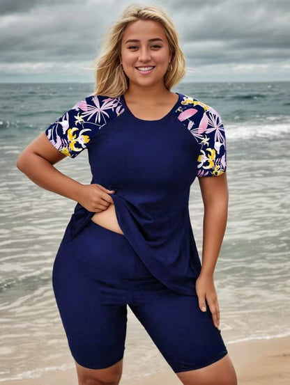 Swim SPRTY Plus Tropical Print Raglan Sleeve Bikini Swimsuit With Short Sleeve