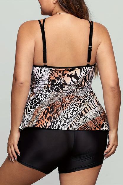 2026 Plus Size Leopard Print Slimming Modest High-Waisted Tankini Set