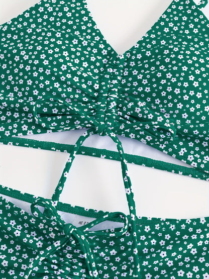 Green Solid Color Bikini Set with Floral Boyshorts – Two-Piece Swimsuit for Women