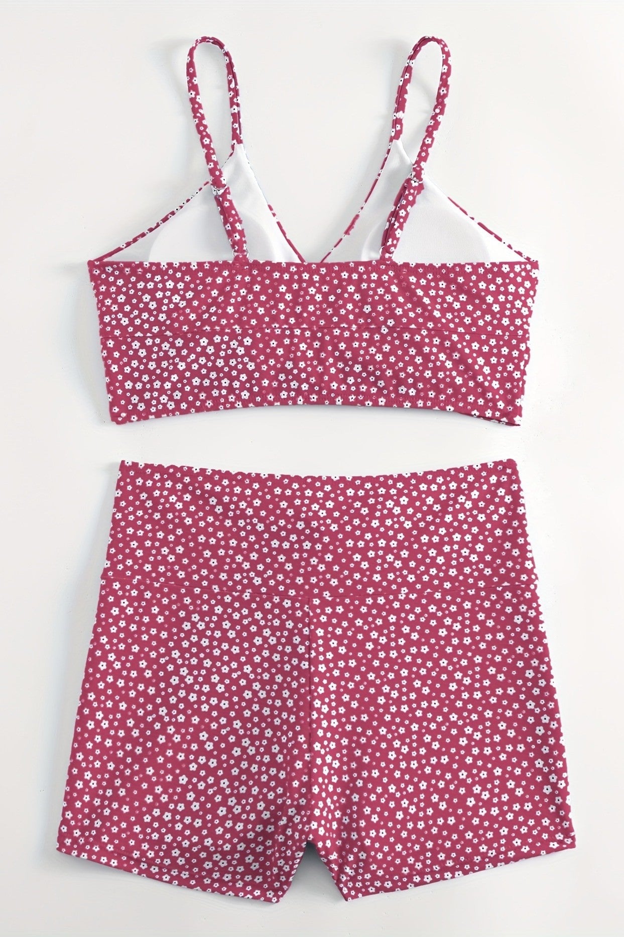 Red Solid Color Bikini Set with Floral Boyshorts – Two-Piece Swimsuit for Women