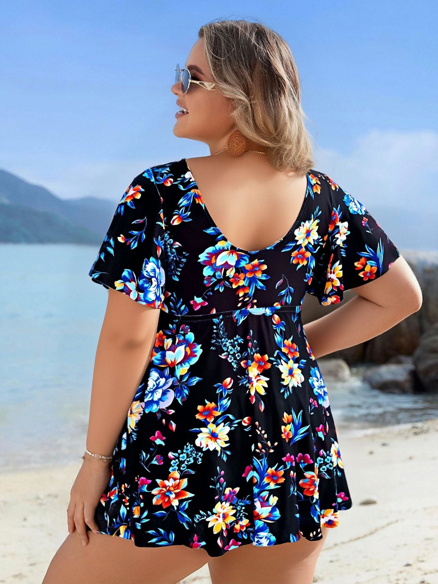 Plus Size Floral Flutter Sleeve Tankini Set - Tummy Control Two-Piece Bathers with Modest Shorts Black