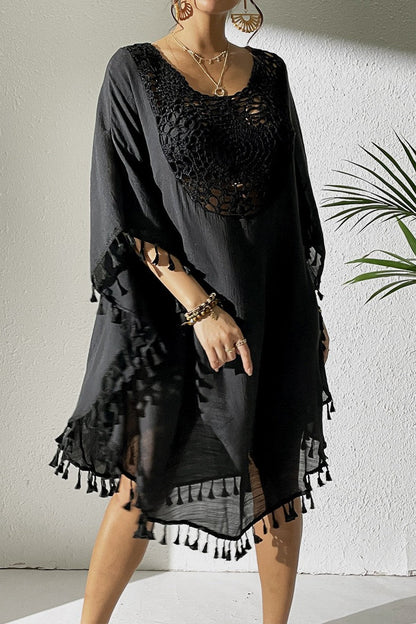 Bestselling New Beach Cover-Up - Crochet Lace Trimmed Fringe Kimono Black
