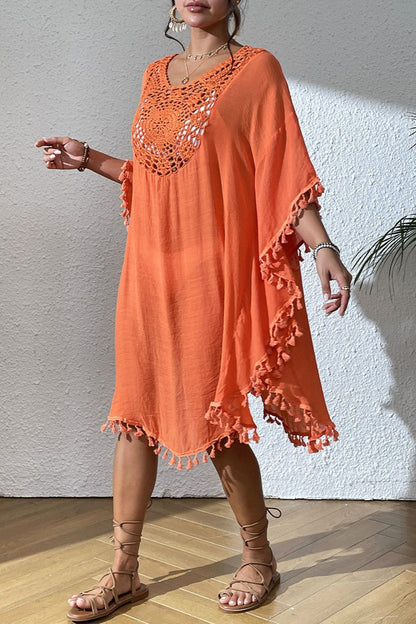 Bestselling New Beach Cover-Up - Crochet Lace Trimmed Fringe Kimono Orange