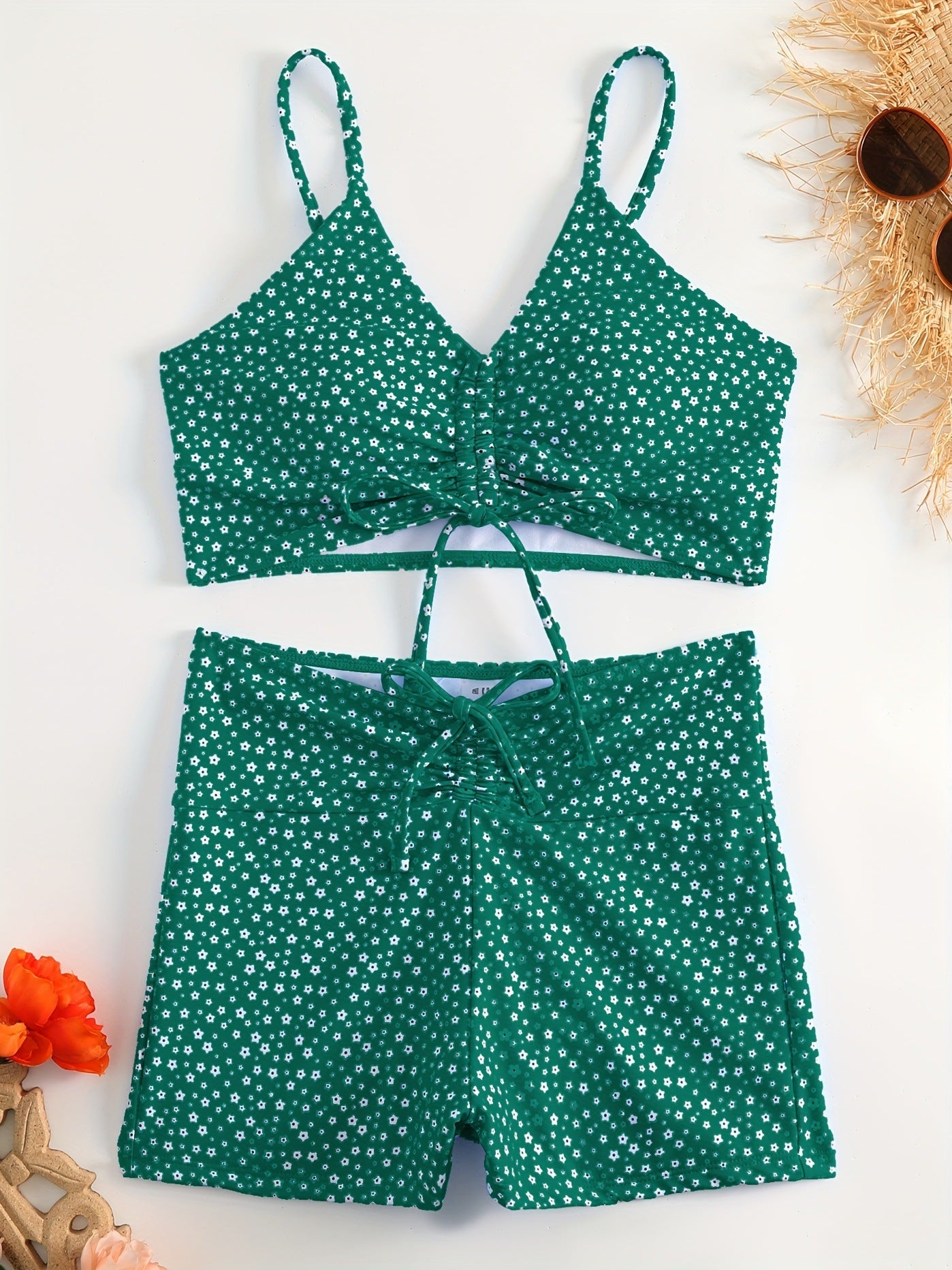 Green Solid Color Bikini Set with Floral Boyshorts – Two-Piece Swimsuit for Women