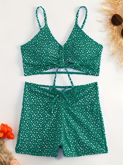 Green Solid Color Bikini Set with Floral Boyshorts – Two-Piece Swimsuit for Women