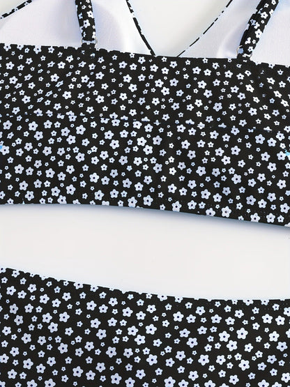 Black Solid Color Bikini Set with Floral Boyshorts – Two-Piece Swimsuit for Women