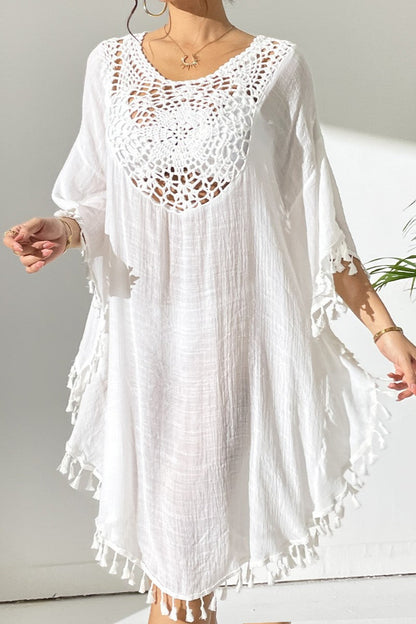 Bestselling New Beach Cover-Up - Crochet Lace Trimmed Fringe Kimono White