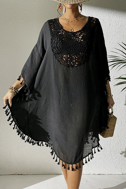 Bestselling New Beach Cover-Up - Crochet Lace Trimmed Fringe Kimono Black