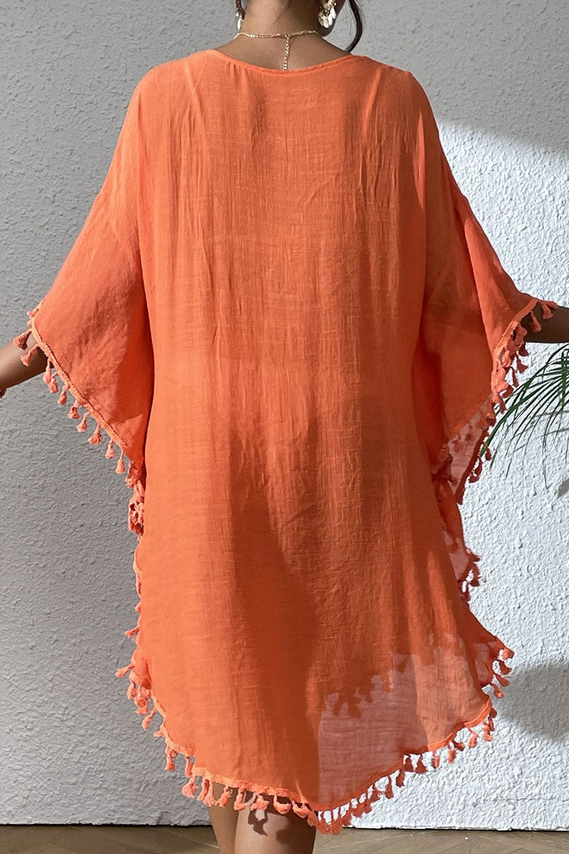 Bestselling New Beach Cover-Up - Crochet Lace Trimmed Fringe Kimono Orange