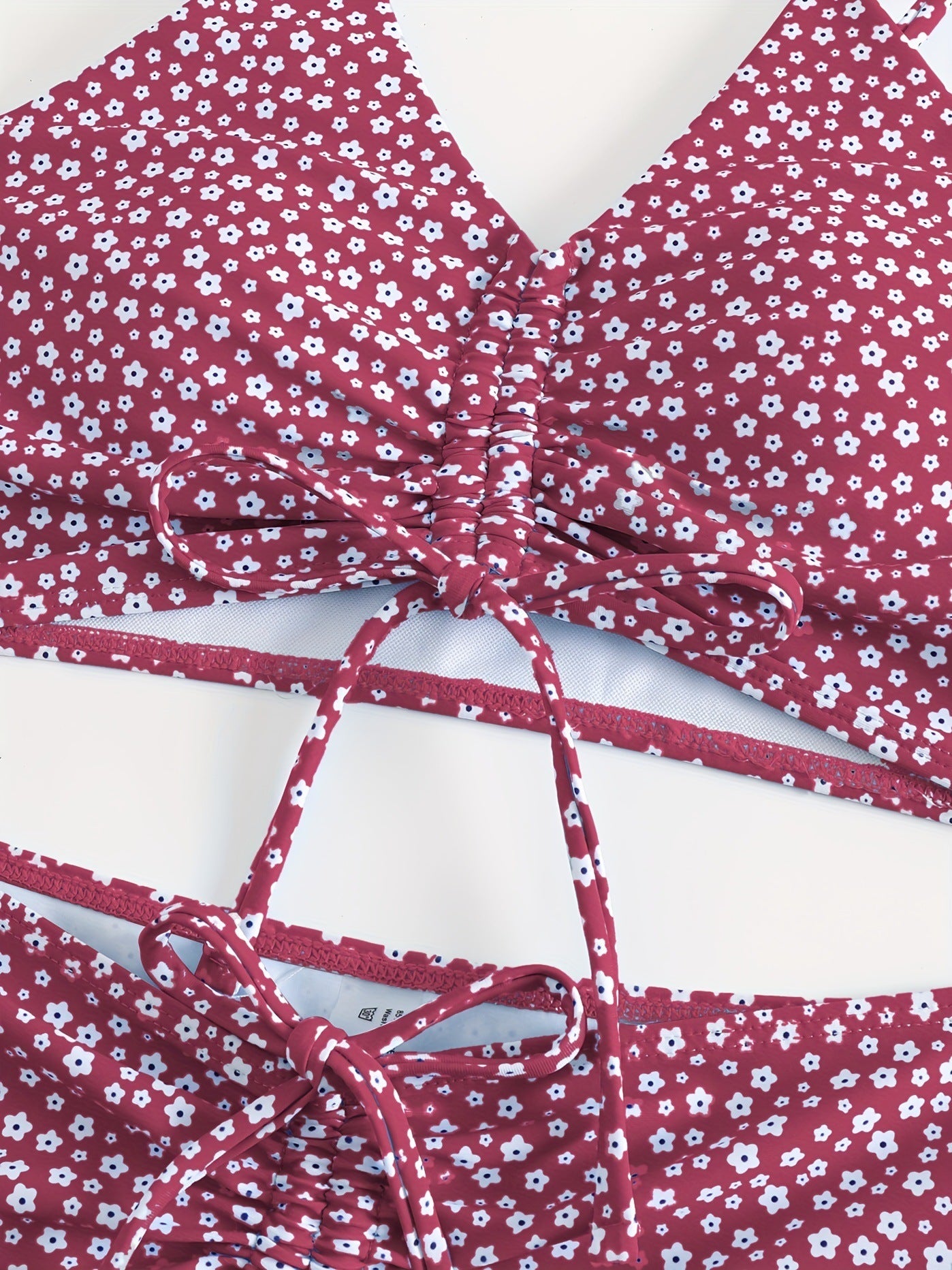 Red Solid Color Bikini Set with Floral Boyshorts – Two-Piece Swimsuit for Women