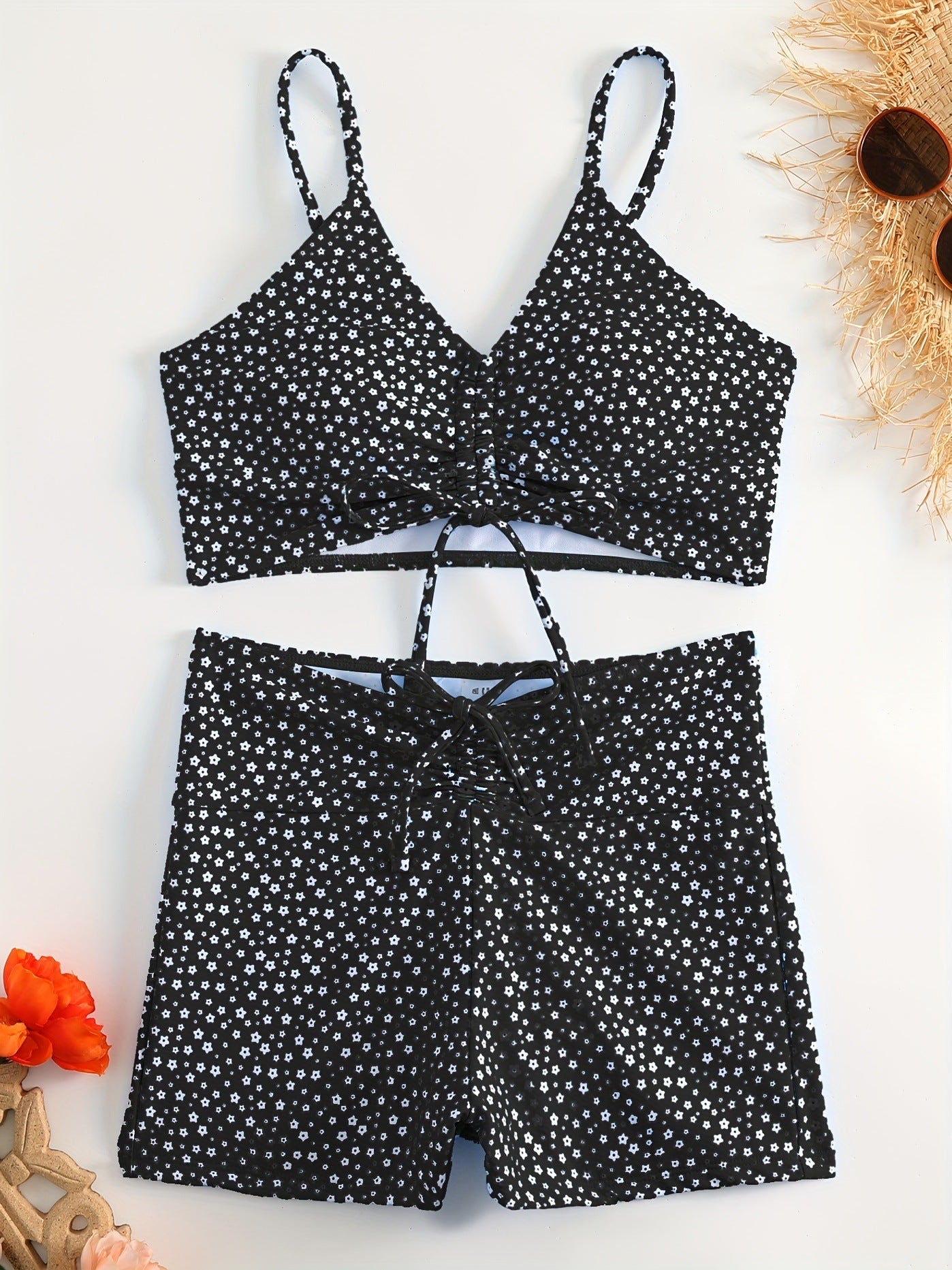 Black Solid Color Bikini Set with Floral Boyshorts – Two-Piece Swimsuit for Women