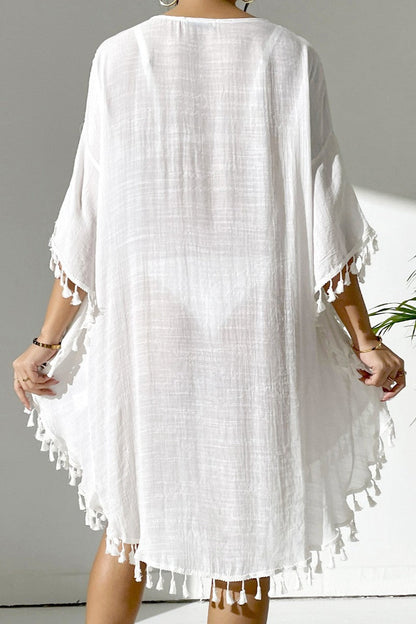 Bestselling New Beach Cover-Up - Crochet Lace Trimmed Fringe Kimono White