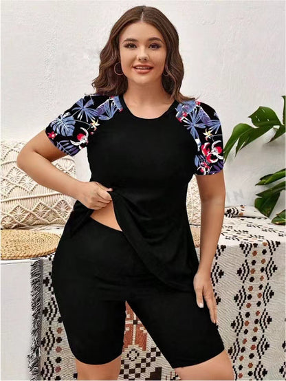 Swim SPRTY Plus Tropical Print Raglan Sleeve Bikini Swimsuit With Short Sleeve