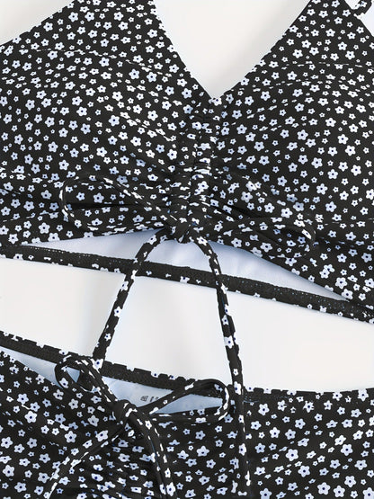 Black Solid Color Bikini Set with Floral Boyshorts – Two-Piece Swimsuit for Women