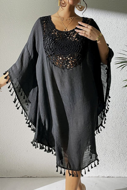 Bestselling New Beach Cover-Up - Crochet Lace Trimmed Fringe Kimono Black
