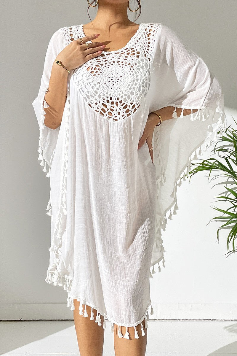 Bestselling New Beach Cover-Up - Crochet Lace Trimmed Fringe Kimono White