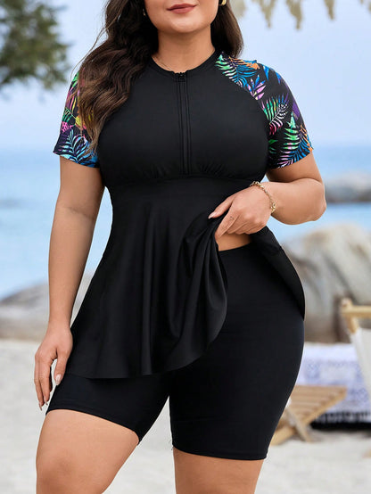 Modest Short Sleeve Zippered Swim Set with Tummy Control