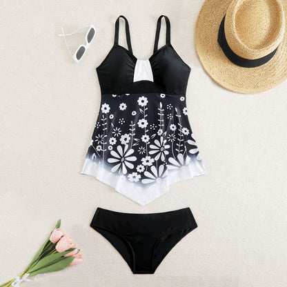 Floral Print Cyan Ombre Swimdress And Panty Cyan