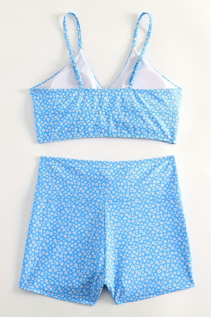 Blue Solid Color Bikini Set with Floral Boyshorts – Two-Piece Swimsuit for Women