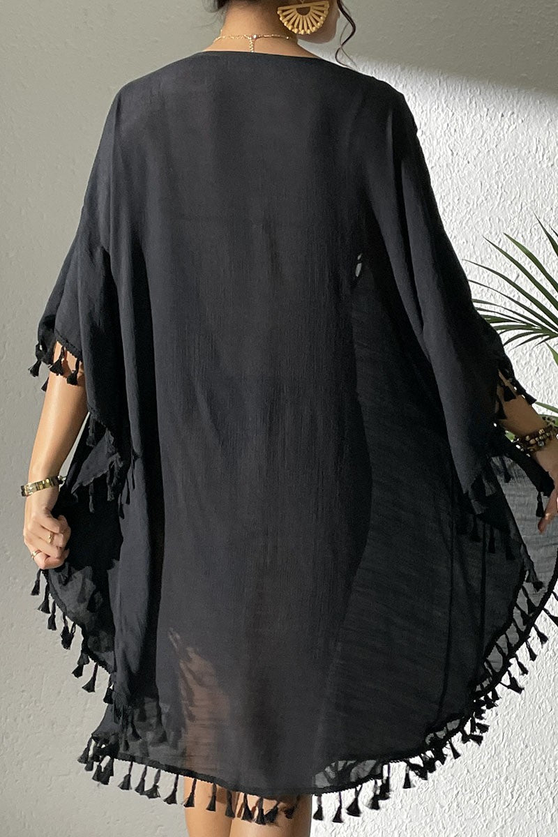 Bestselling New Beach Cover-Up - Crochet Lace Trimmed Fringe Kimono Black