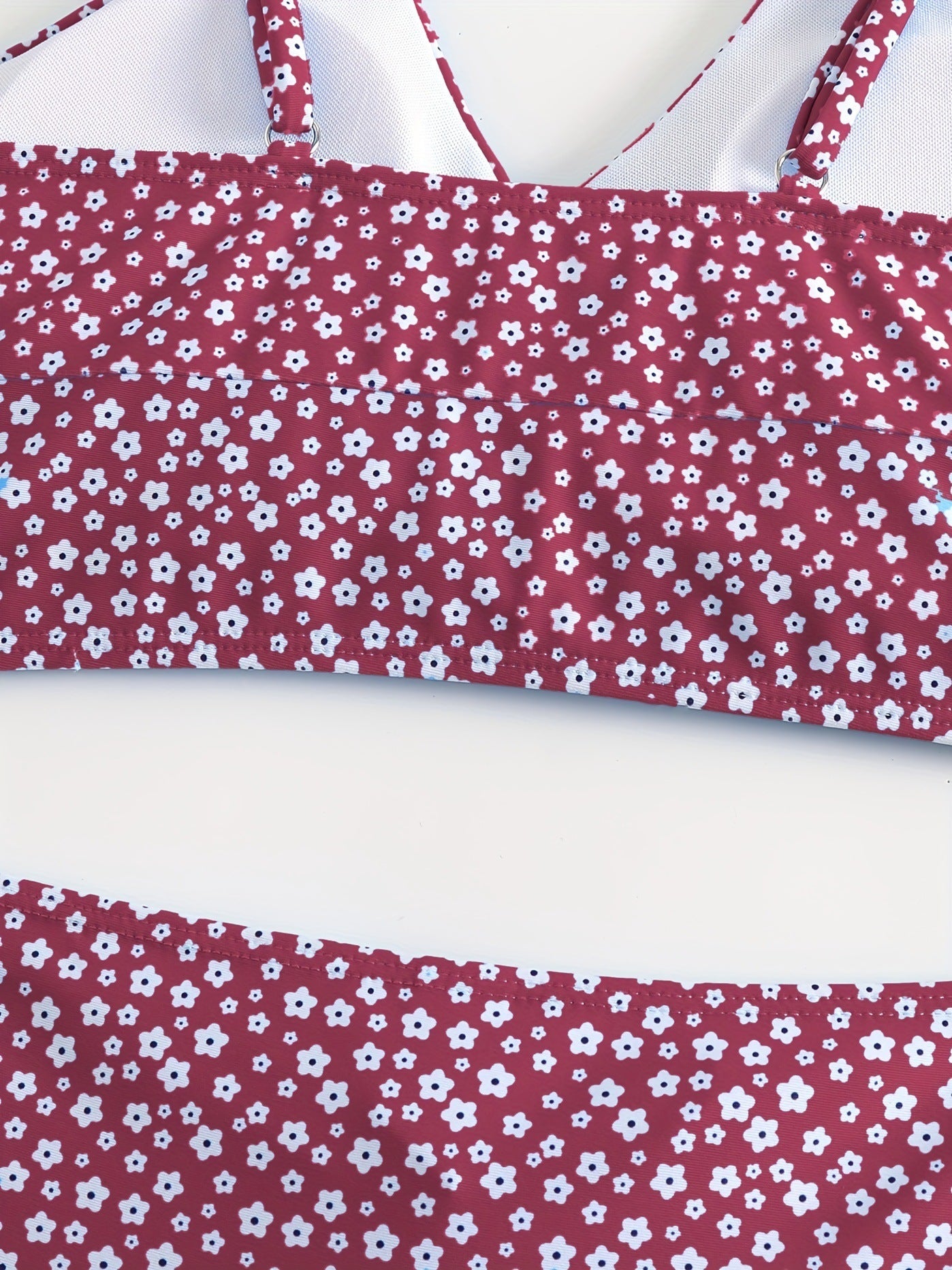 Red Solid Color Bikini Set with Floral Boyshorts – Two-Piece Swimsuit for Women