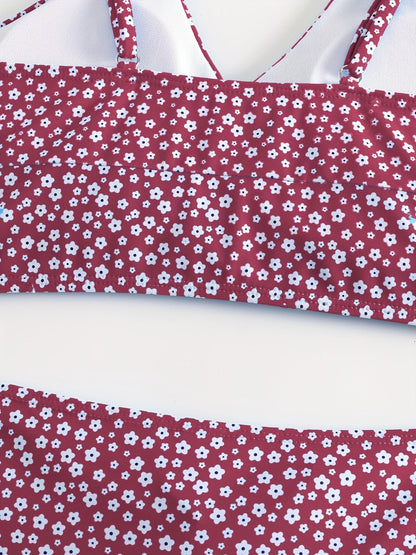 Red Solid Color Bikini Set with Floral Boyshorts – Two-Piece Swimsuit for Women