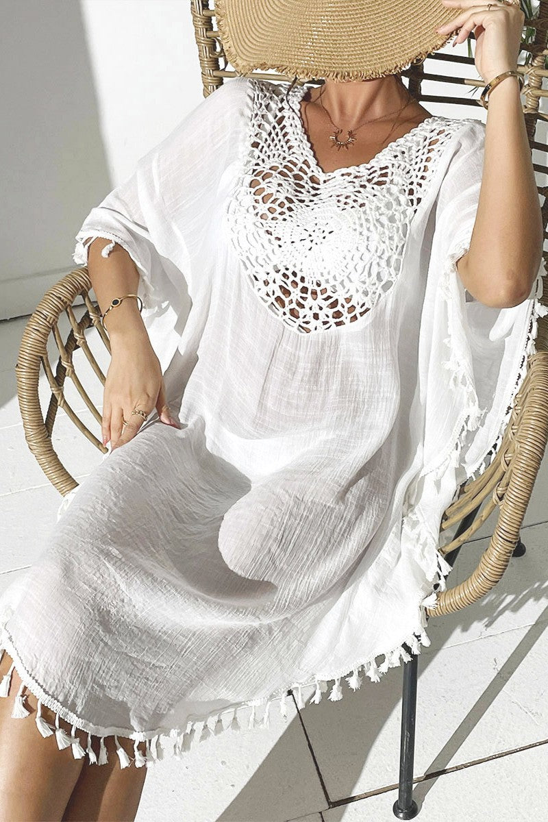 Bestselling New Beach Cover-Up - Crochet Lace Trimmed Fringe Kimono White