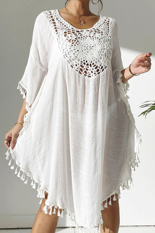 Bestselling New Beach Cover-Up - Crochet Lace Trimmed Fringe Kimono White