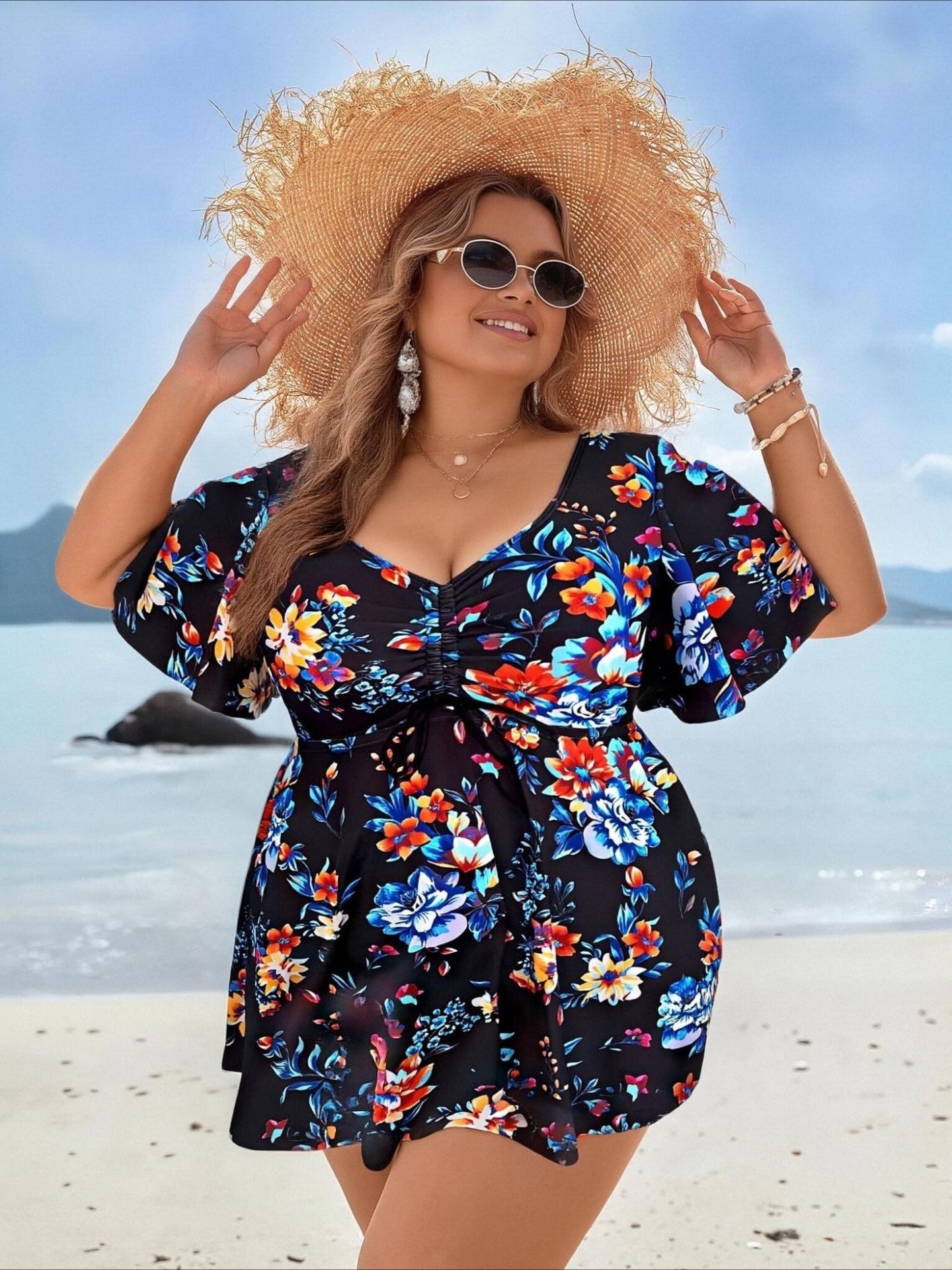 Plus Size Floral Flutter Sleeve Tankini Set - Tummy Control Two-Piece Bathers with Modest Shorts Black