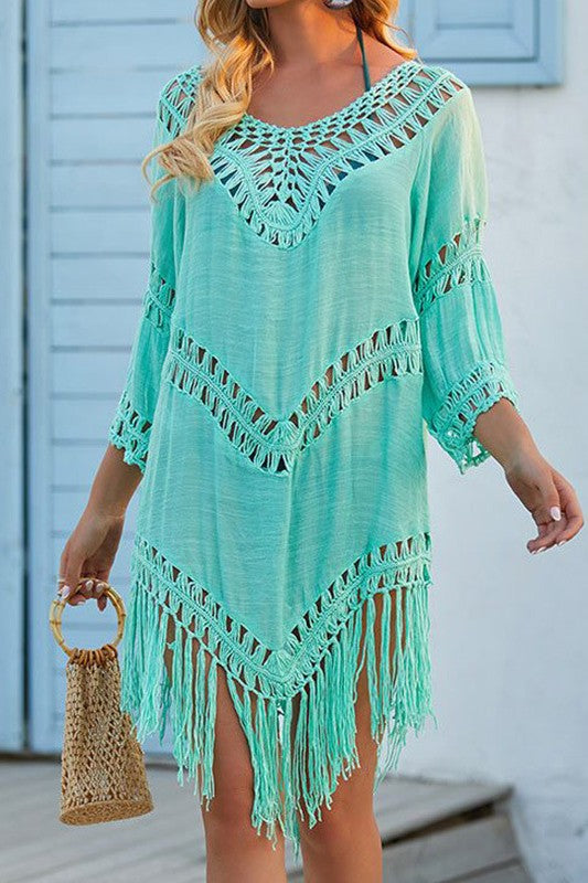 Sexy Crochet Fringe Cover-Up – Loose 3/4 Sleeve Swimwear Beach Shirt