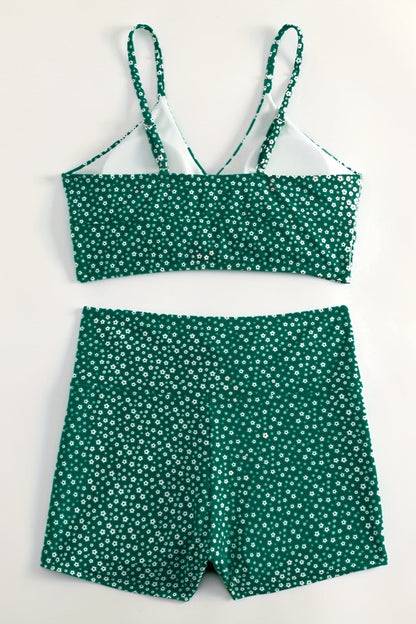 Green Solid Color Bikini Set with Floral Boyshorts – Two-Piece Swimsuit for Women
