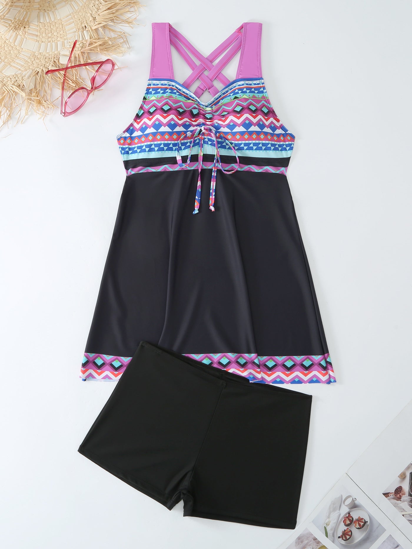 Plus Size Pink & Blue Abstract Print Swim Dress - Flattering Ruched Front