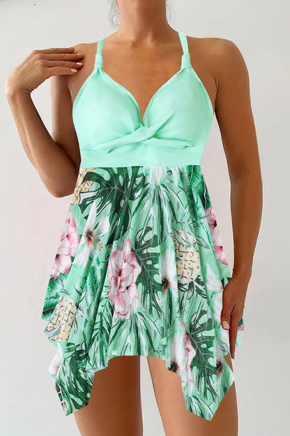 Asymmetric Hem Brushstroke Print Color Block Swimdress