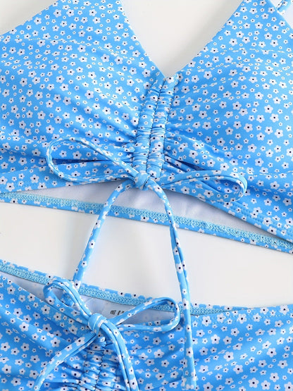Blue Solid Color Bikini Set with Floral Boyshorts – Two-Piece Swimsuit for Women